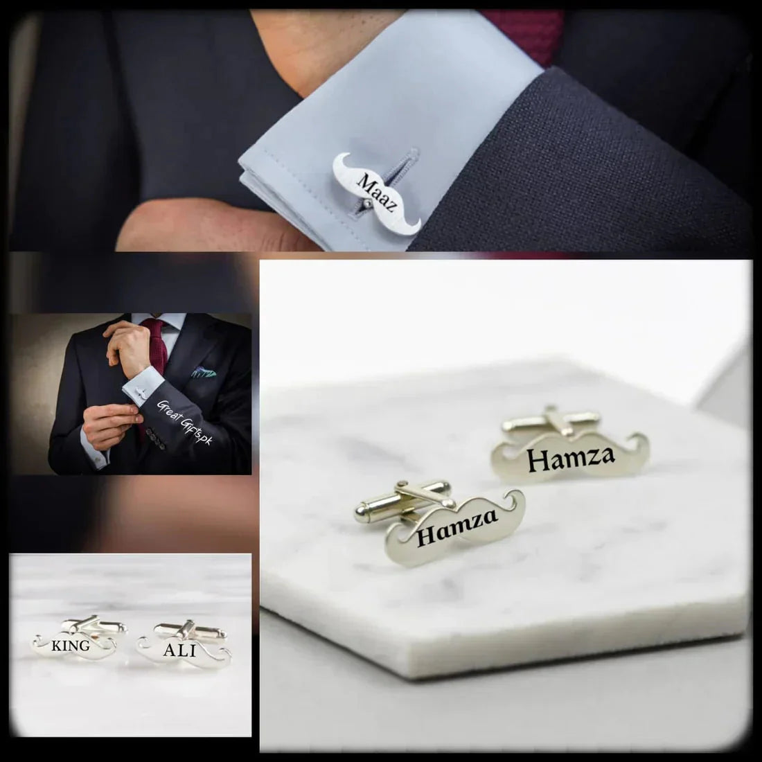 Mustaches Style Name Engraved Cufflinks - Golden & Silver Shop360
