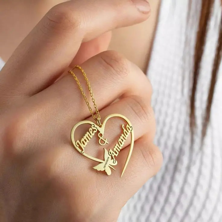 Customised Necklace - Heart Shape Double Name Customised Locket With Butterfly Shop360